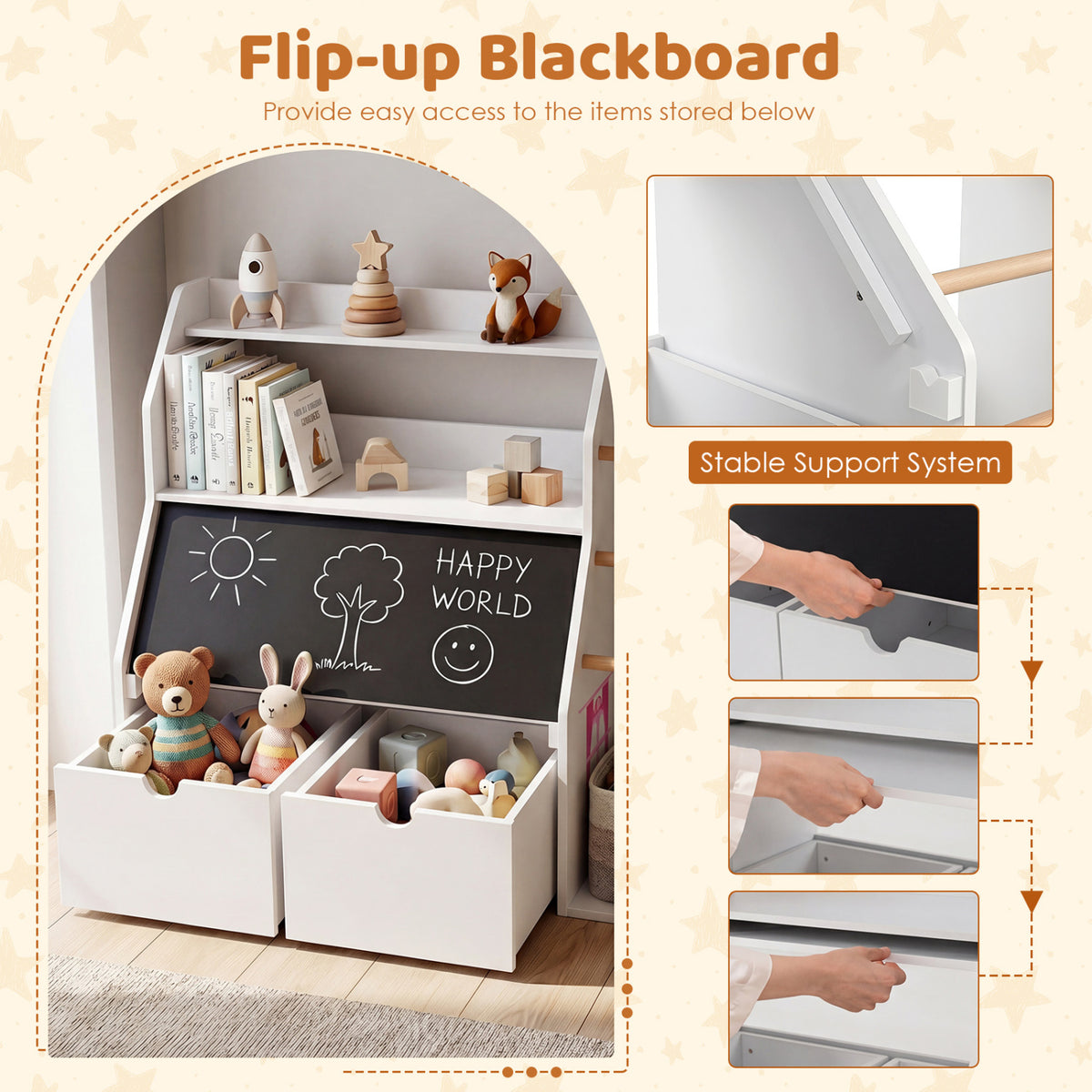 Kids Toy Storage Organizer with Flip-up Blackboard-White view 6
