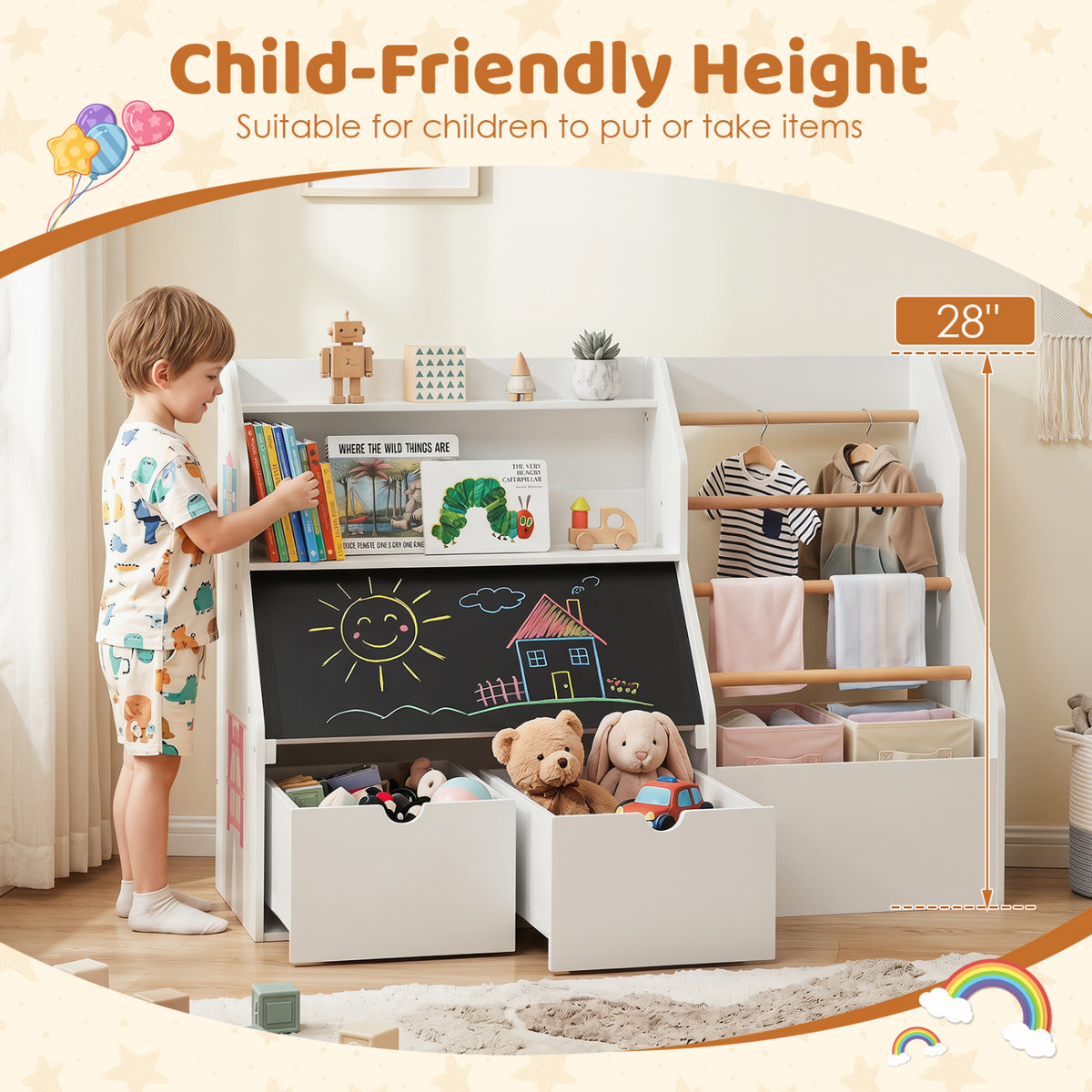Kids Toy Storage Organizer with Flip-up Blackboard-White view 7