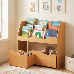 Kids Toy Wooden Storage Organizer with 2 Rolling Drawers for Kids Room-Natrual view 2