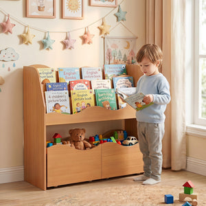 Kids Toy Wooden Storage Organizer with 2 Rolling Drawers for Kids Room-Natrual view 3