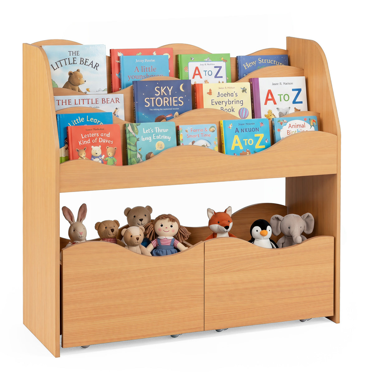 Kids Toy Wooden Storage Organizer with 2 Rolling Drawers for Kids Room-Natrual view 4