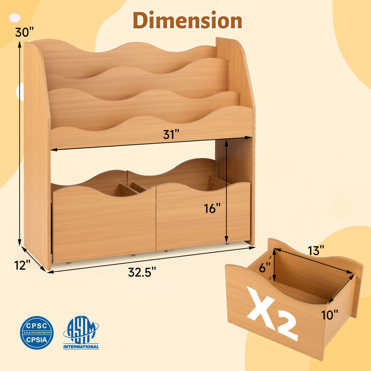 Kids Toy Wooden Storage Organizer with 2 Rolling Drawers for Kids Room-Natrual view 5