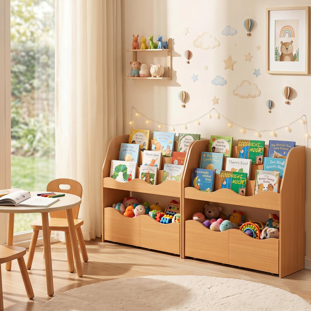 Kids Toy Wooden Storage Organizer with 2 Rolling Drawers for Kids Room-Natrual view 6