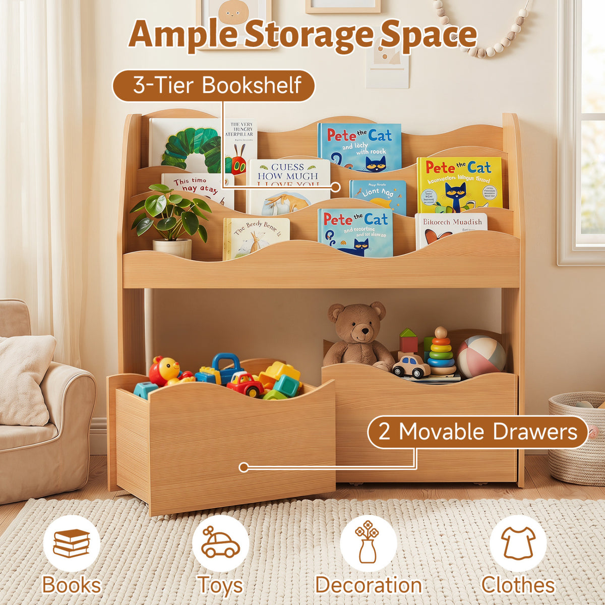 Kids Toy Wooden Storage Organizer with 2 Rolling Drawers for Kids Room-Natrual view 8