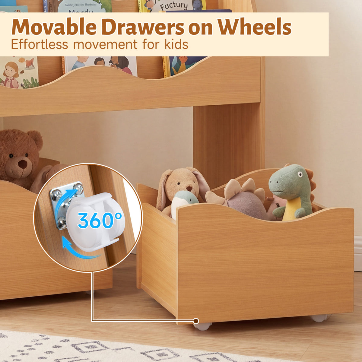 Kids Toy Wooden Storage Organizer with 2 Rolling Drawers for Kids Room-Natrual view 9