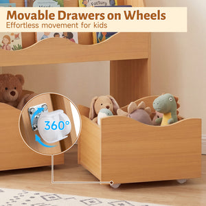 Kids Toy Wooden Storage Organizer with 2 Rolling Drawers for Kids Room-Natrual view 9