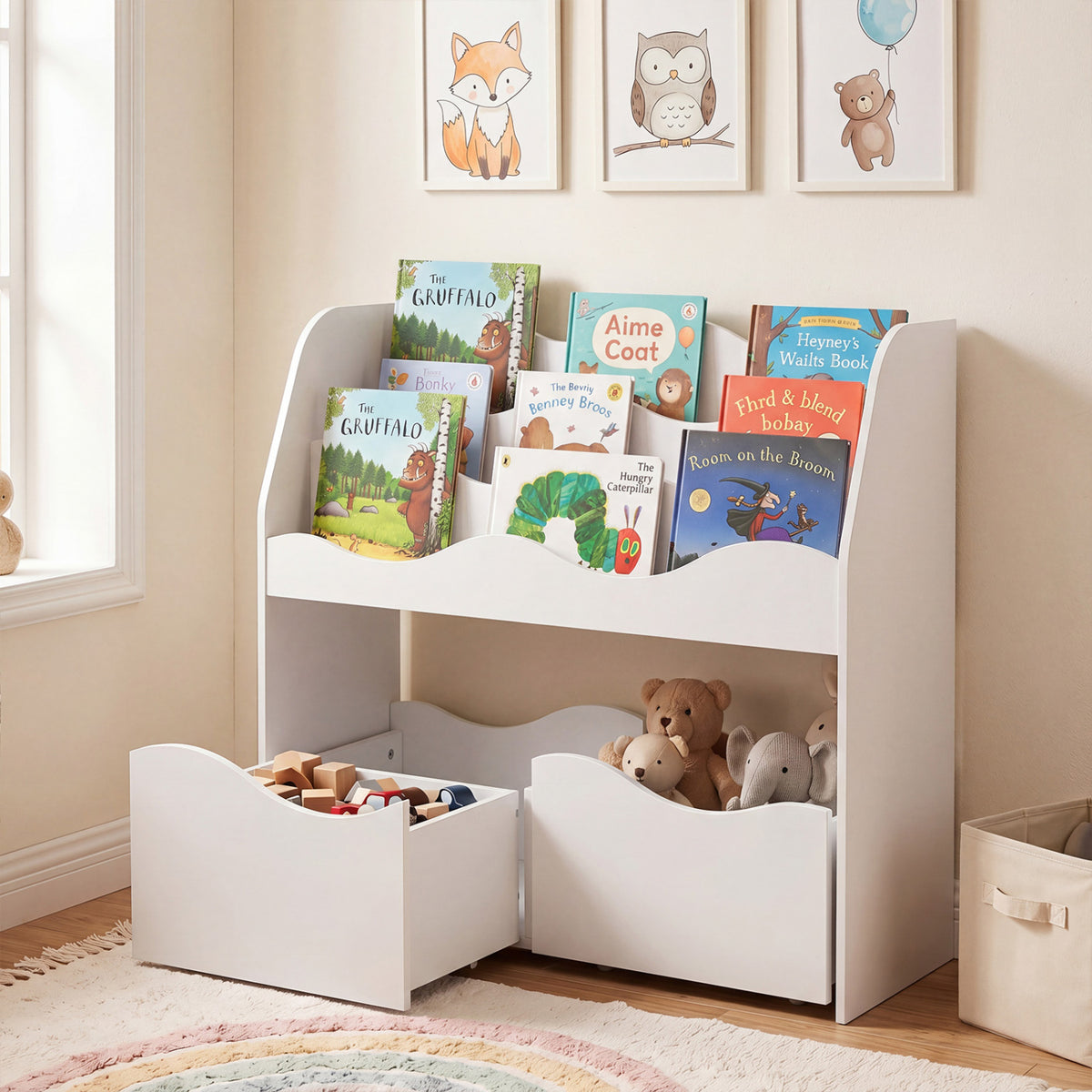Kids Toy Wooden Storage Organizer with 2 Rolling Drawers for Kids Room-White view 2