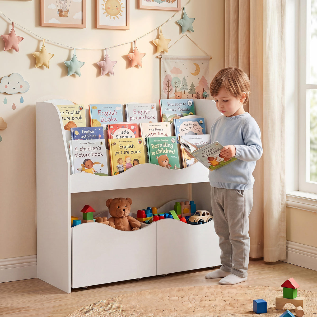 Kids Toy Wooden Storage Organizer with 2 Rolling Drawers for Kids Room-White view 3