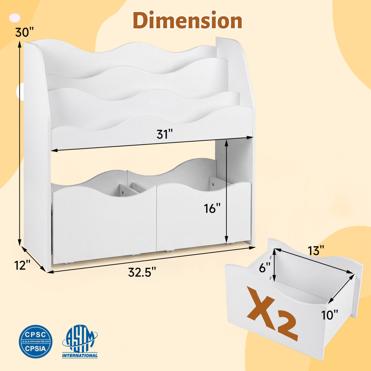 Kids Toy Wooden Storage Organizer with 2 Rolling Drawers for Kids Room-White view 5