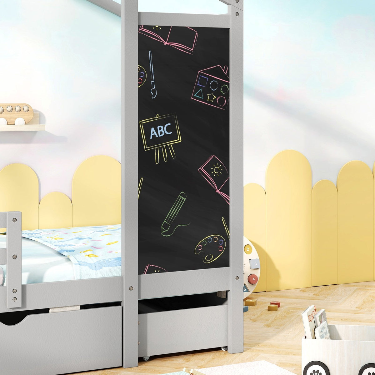 Kids Twin Size Bed with 2 Drawers Solid Wood Bed with Blackboard-Gray view 8