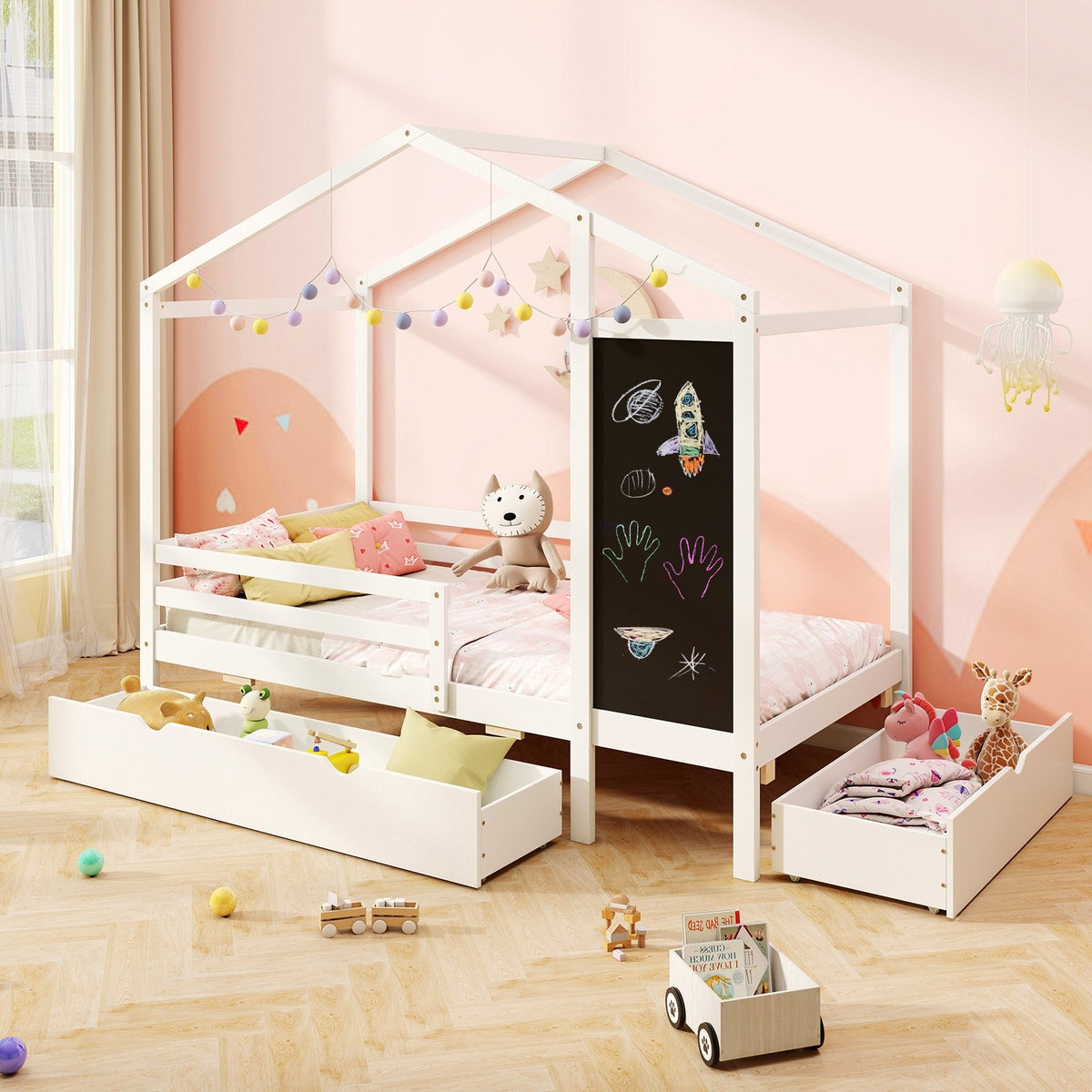 Kids Twin Size Bed with 2 Drawers Solid Wood Bed with Blackboard-White view 2