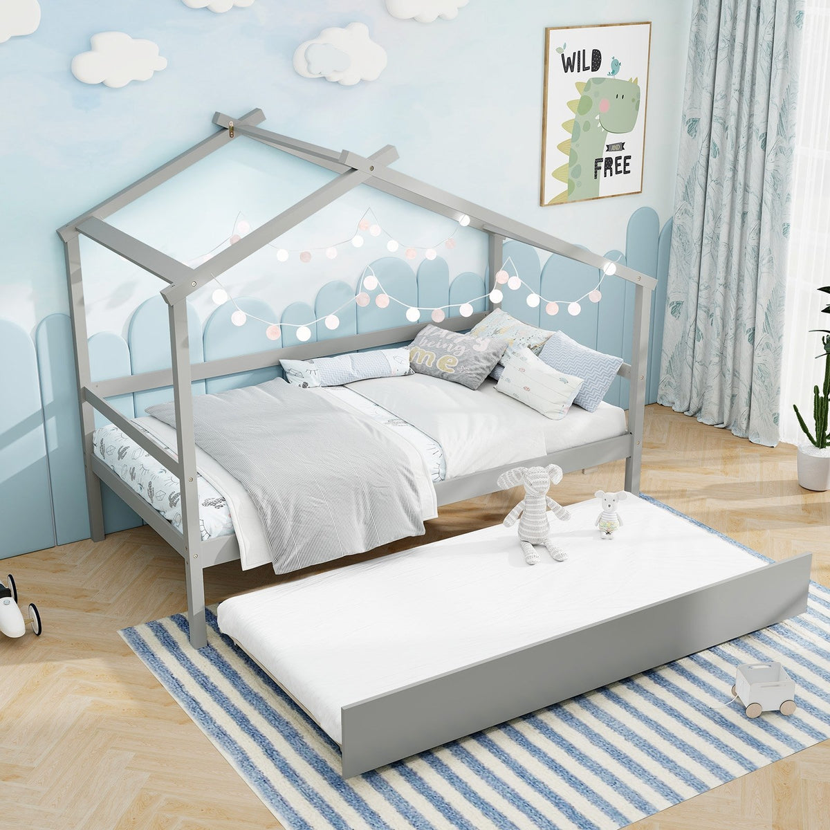 Kids Twin Size House Bed with Trundle and Roof-Gray view 2