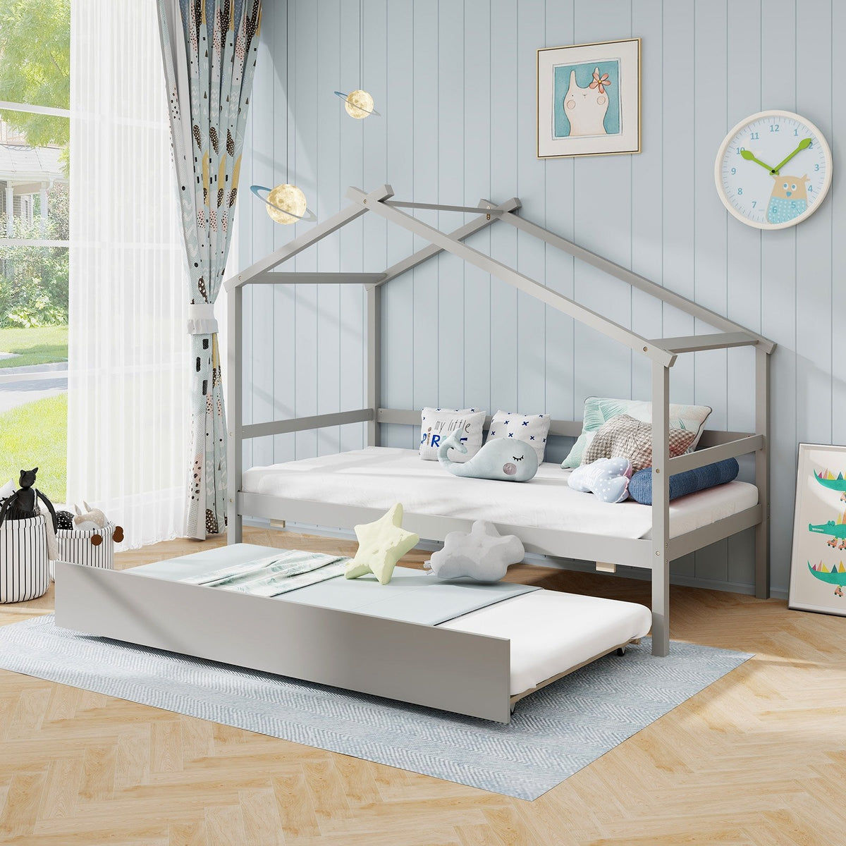 Kids Twin Size House Bed with Trundle and Roof-Gray view 3