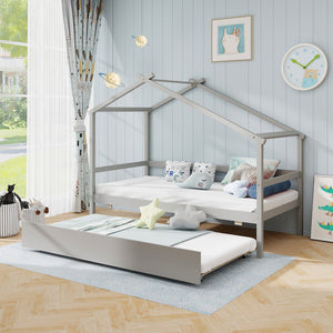 Kids Twin Size House Bed with Trundle and Roof-Gray view 3