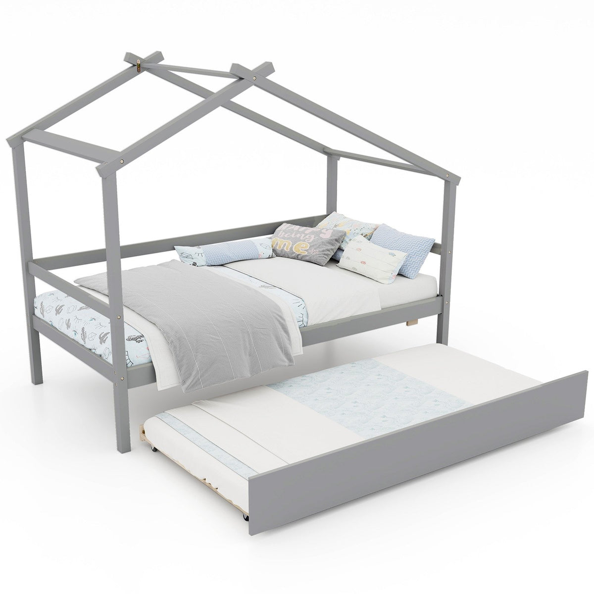 Kids Twin Size House Bed with Trundle and Roof-Gray view 4