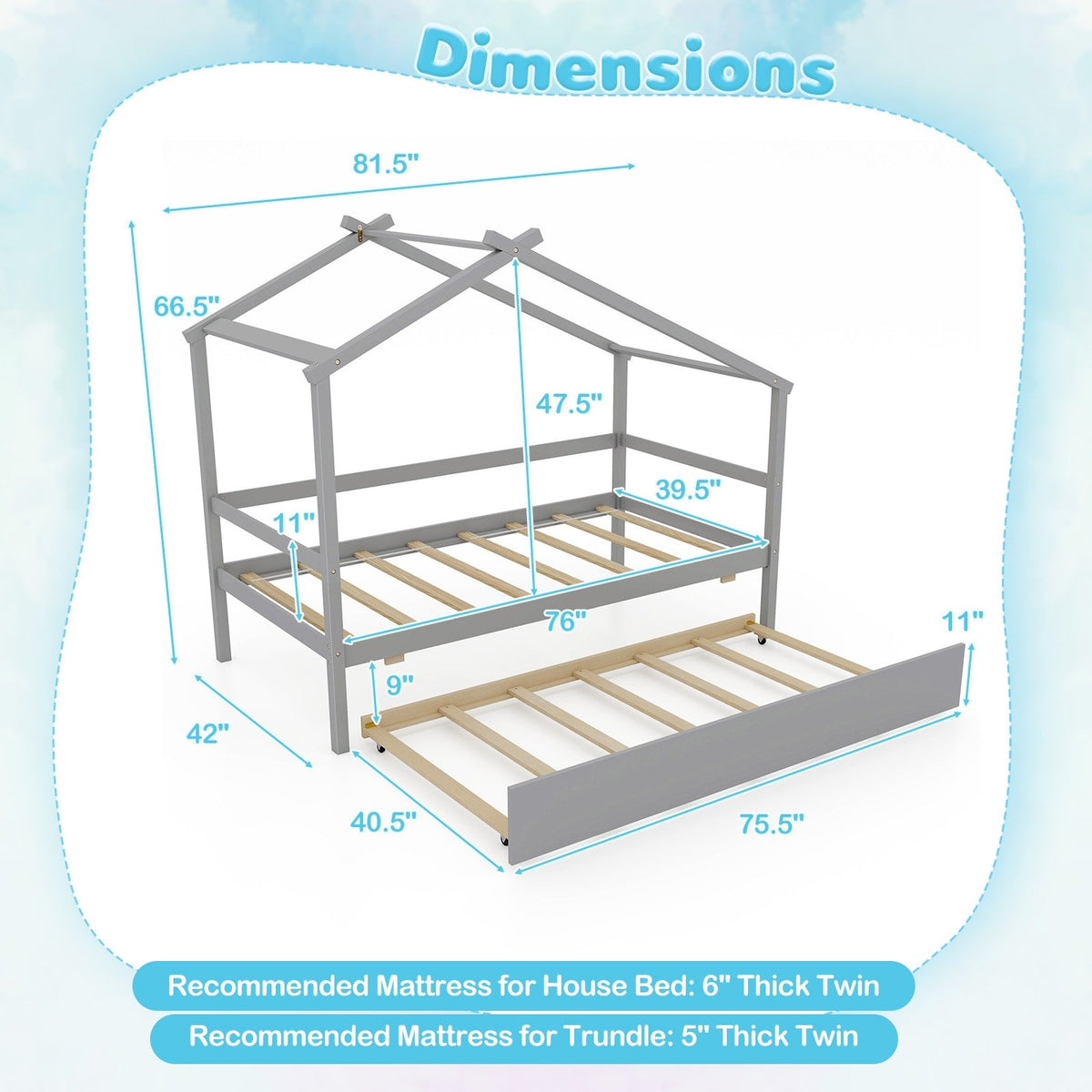 Kids Twin Size House Bed with Trundle and Roof-Gray view 5