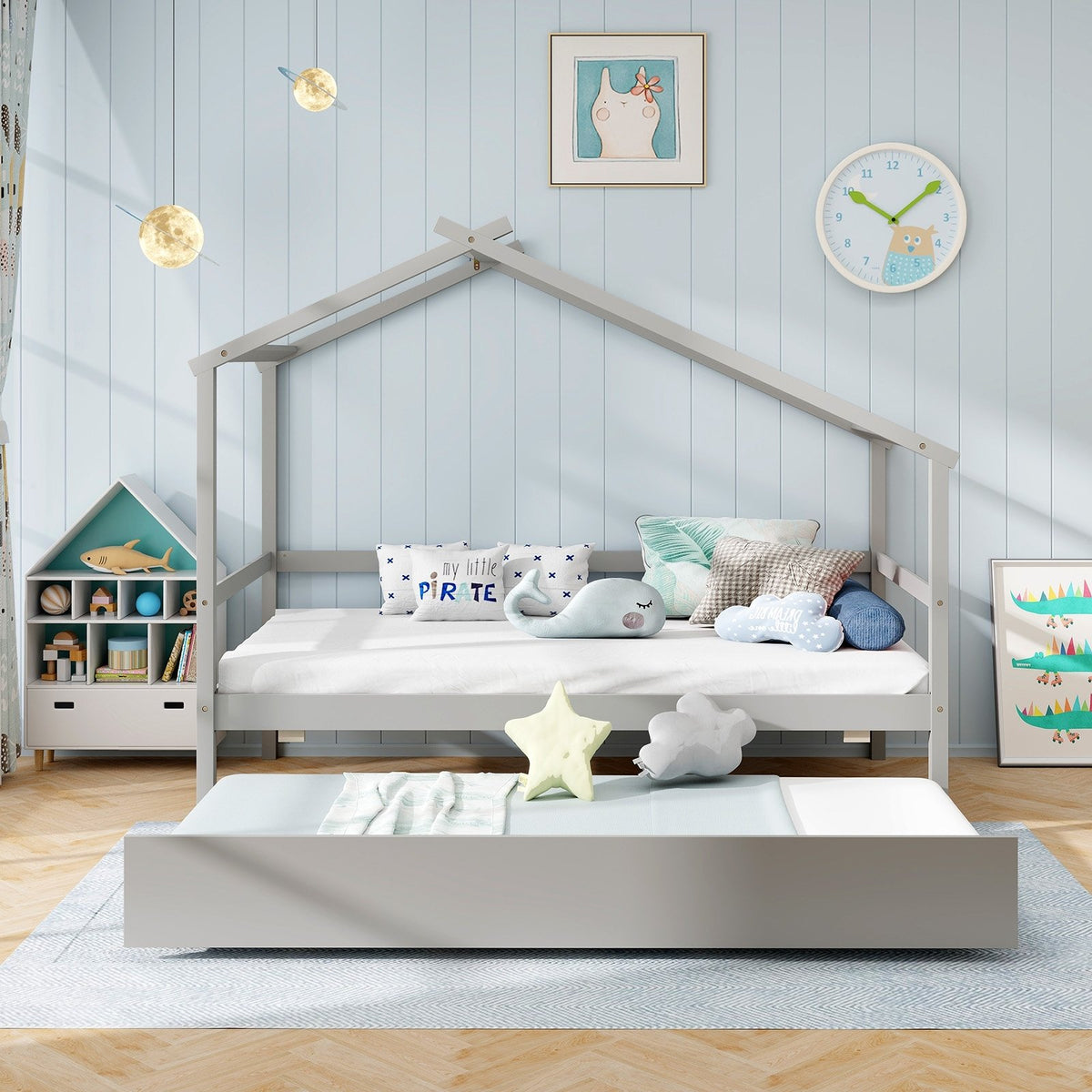 Kids Twin Size House Bed with Trundle and Roof-Gray view 6