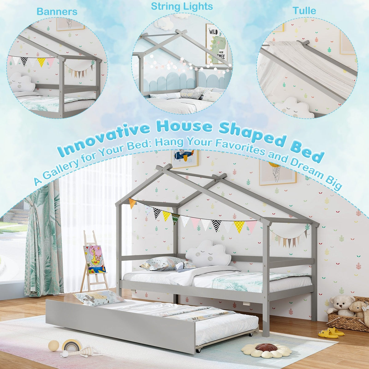 Kids Twin Size House Bed with Trundle and Roof-Gray view 9