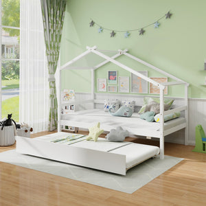 Kids Twin Size House Bed with Trundle and Roof-White view 3