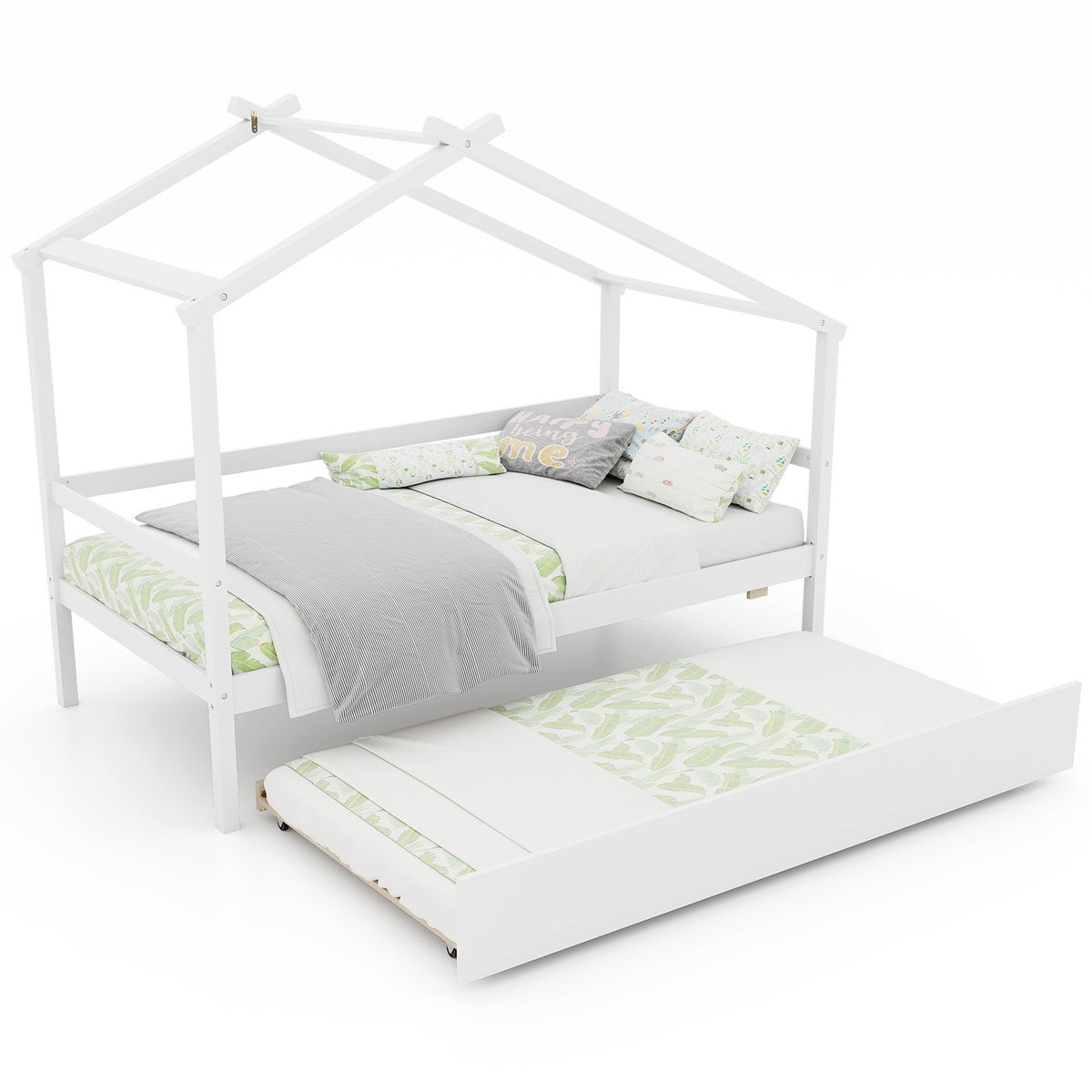 Kids Twin Size House Bed with Trundle and Roof-White view 4