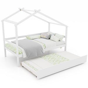 Kids Twin Size House Bed with Trundle and Roof-White view 4