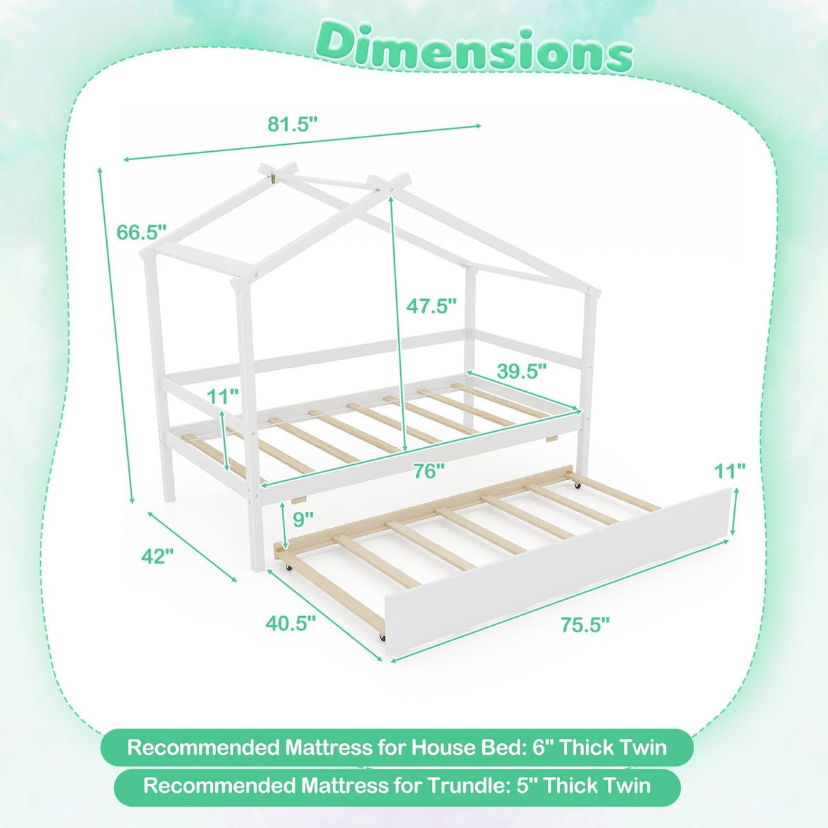 Kids Twin Size House Bed with Trundle and Roof-White view 5