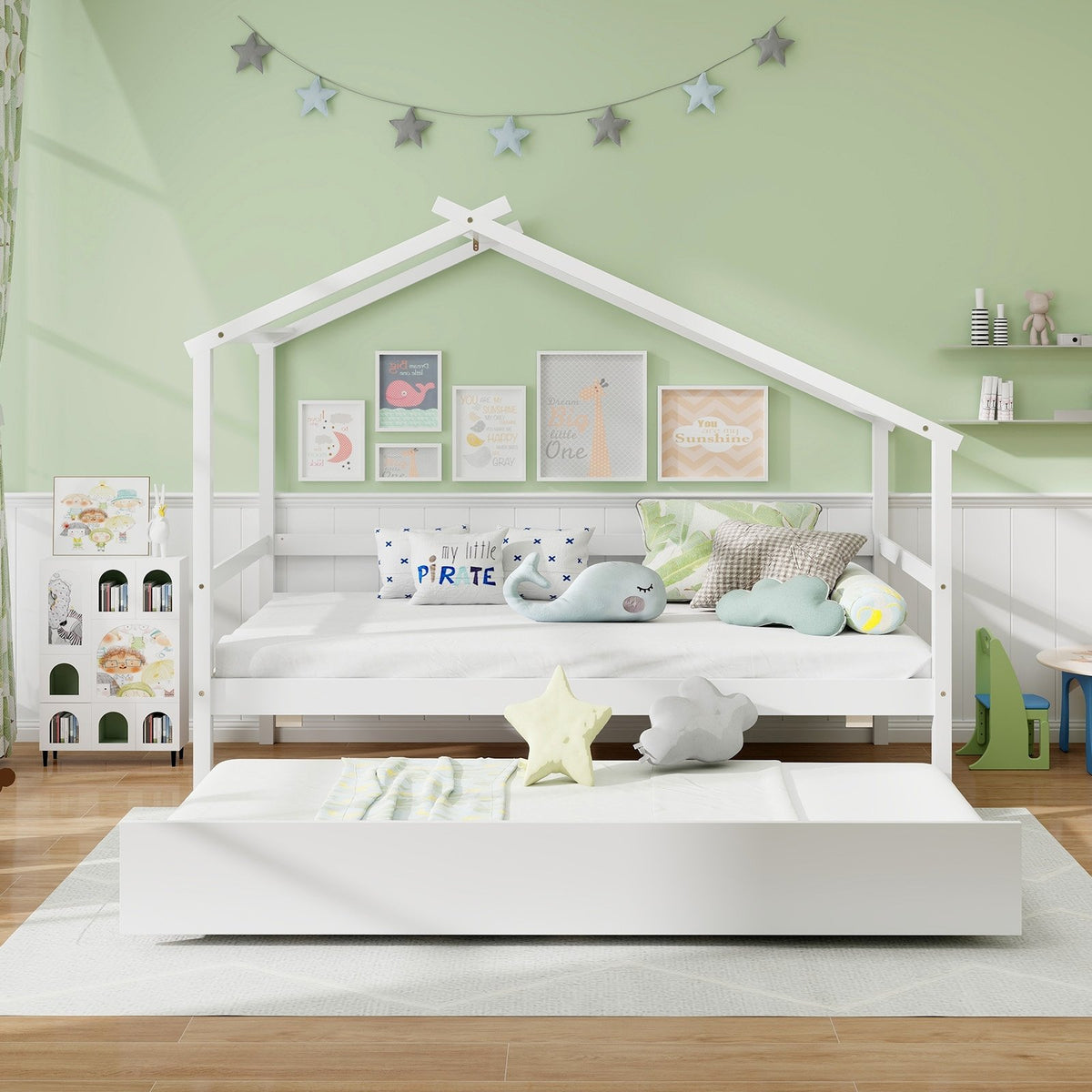Kids Twin Size House Bed with Trundle and Roof-White view 6