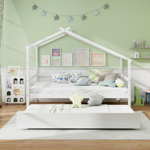Kids Twin Size House Bed with Trundle and Roof-White view 6