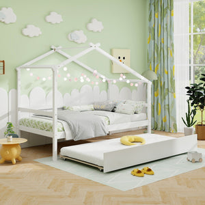 Kids Twin Size House Bed with Trundle and Roof-White view 7