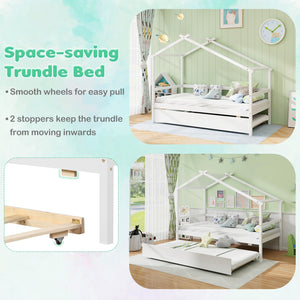 Kids Twin Size House Bed with Trundle and Roof-White view 8