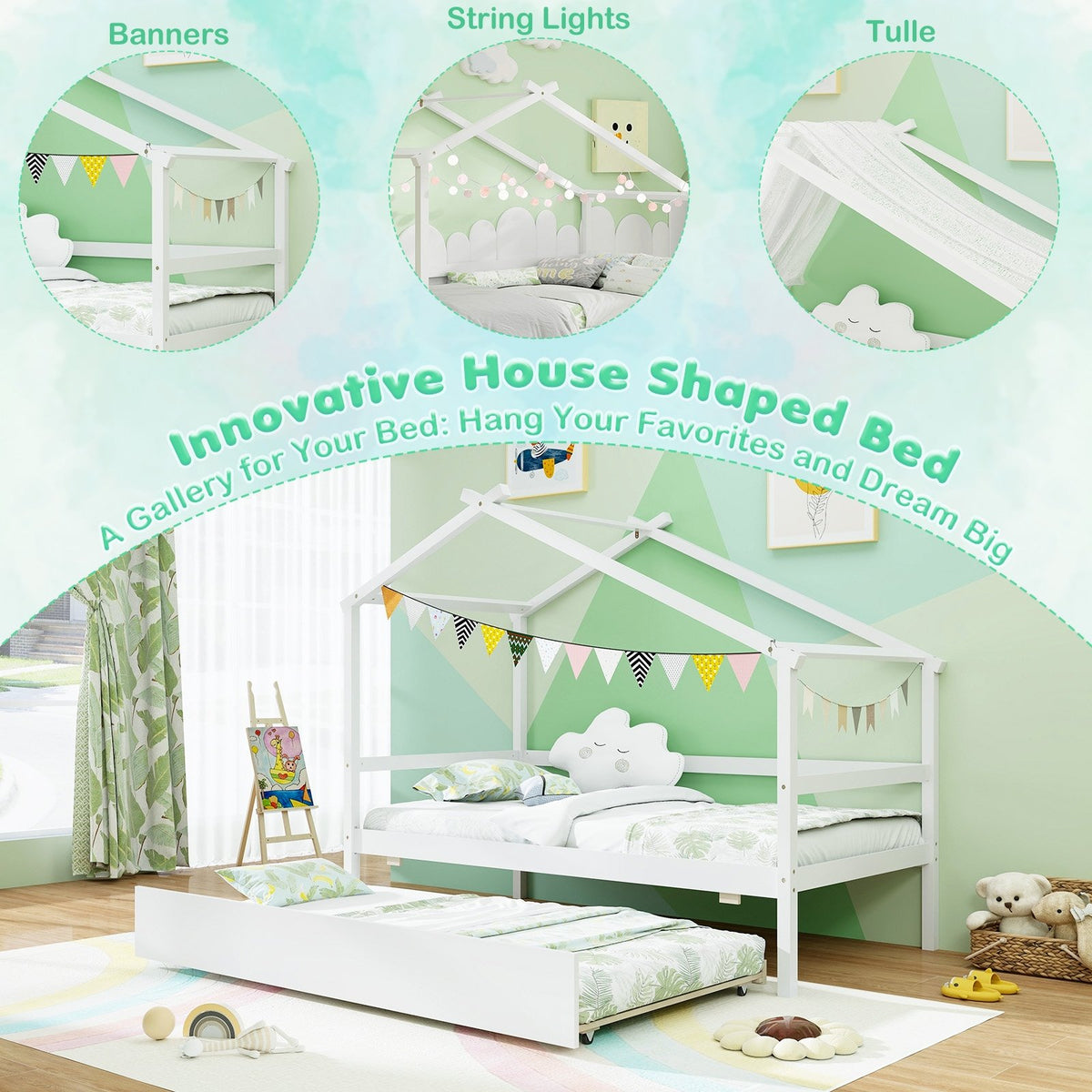 Kids Twin Size House Bed with Trundle and Roof-White view 9
