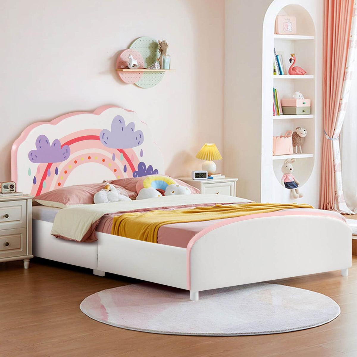 Kids Twin Size Upholstered Platform Wooden Bed with Rainbow Pattern view 2