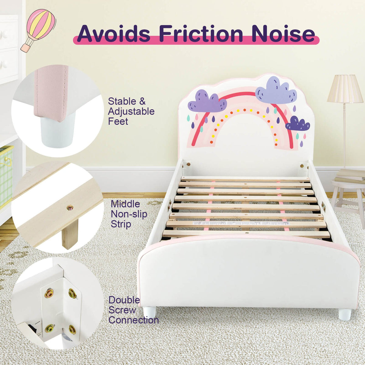 Kids Twin Size Upholstered Platform Wooden Bed with Rainbow Pattern view 9