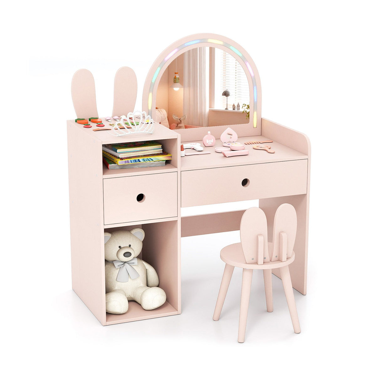 Kids Vanity Desk and Chair Set with Lights, Open Shelves-Pink