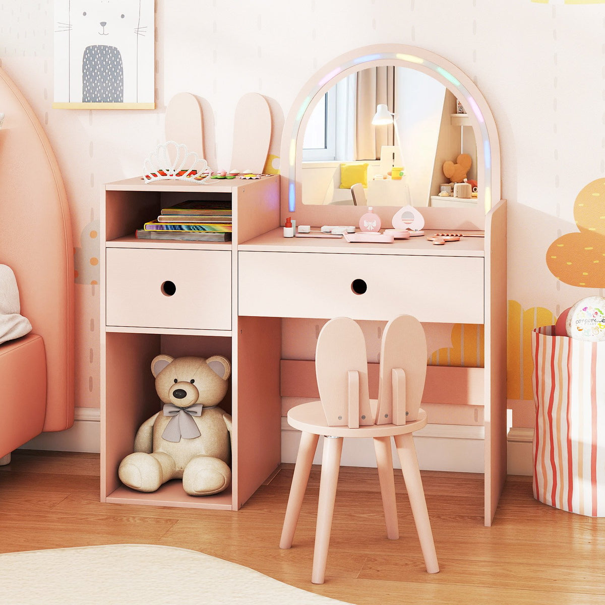 Kids Vanity Desk and Chair Set with Lights, Open Shelves-Pink view 2
