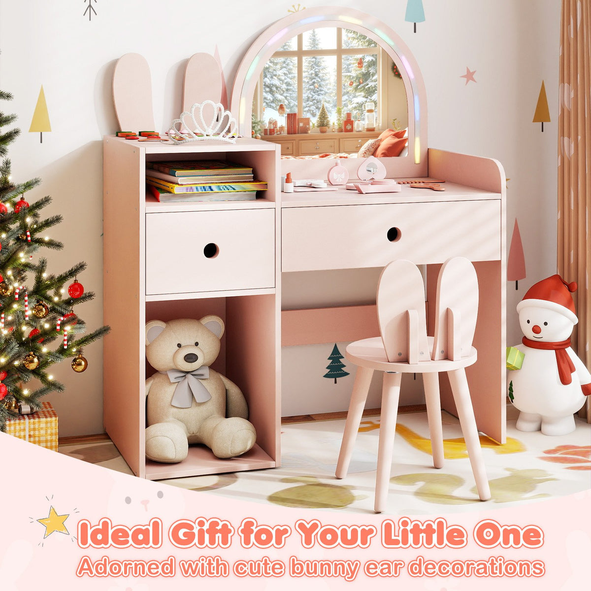 Kids Vanity Desk and Chair Set with Lights, Open Shelves-Pink view 3