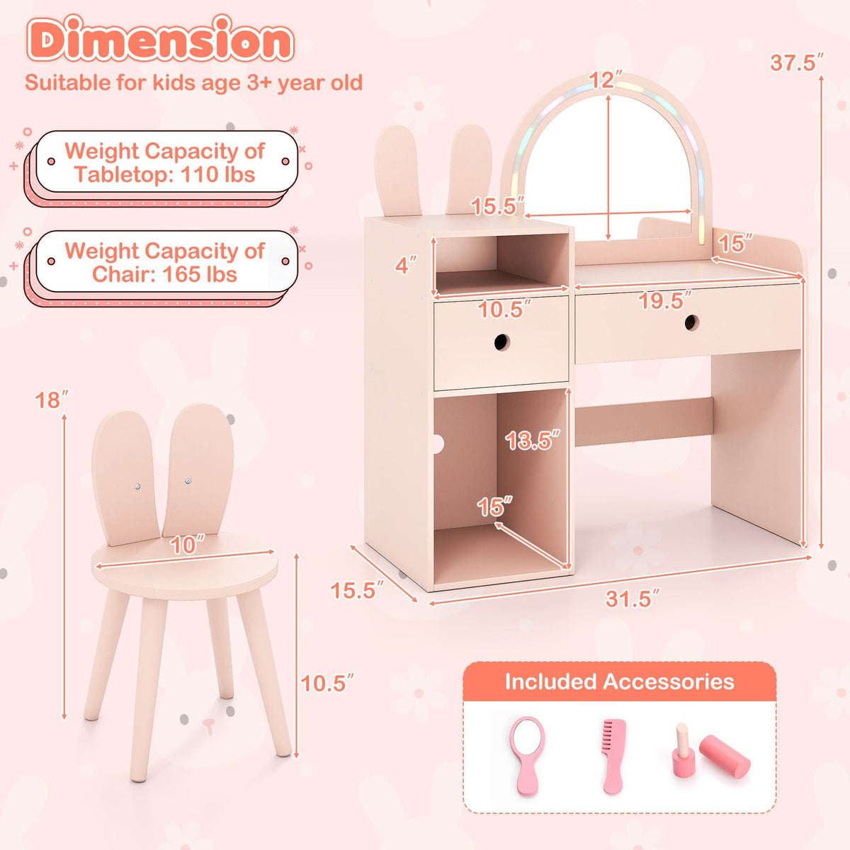 Kids Vanity Desk and Chair Set with Lights, Open Shelves-Pink view 4