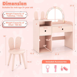 Kids Vanity Desk and Chair Set with Lights, Open Shelves-Pink view 4