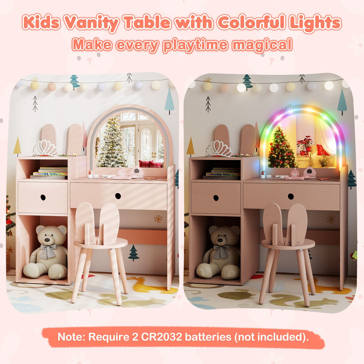Kids Vanity Desk and Chair Set with Lights, Open Shelves-Pink view 6
