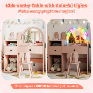 Kids Vanity Desk and Chair Set with Lights, Open Shelves-Pink view 6
