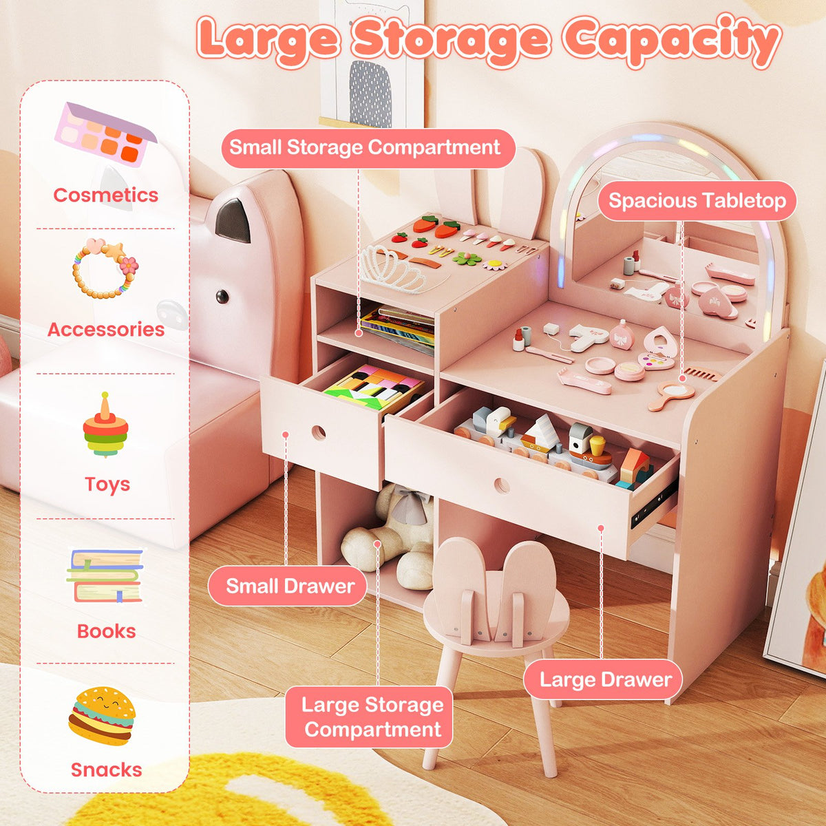 Kids Vanity Desk and Chair Set with Lights, Open Shelves-Pink view 7