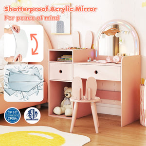 Kids Vanity Desk and Chair Set with Lights, Open Shelves-Pink view 8