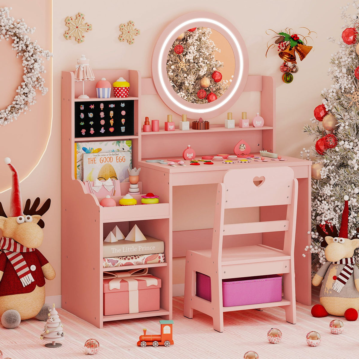 Kids Vanity Desk with Mirror and Lights Princess Pretend Play Dressing Table and Chair Set-Pink view 2