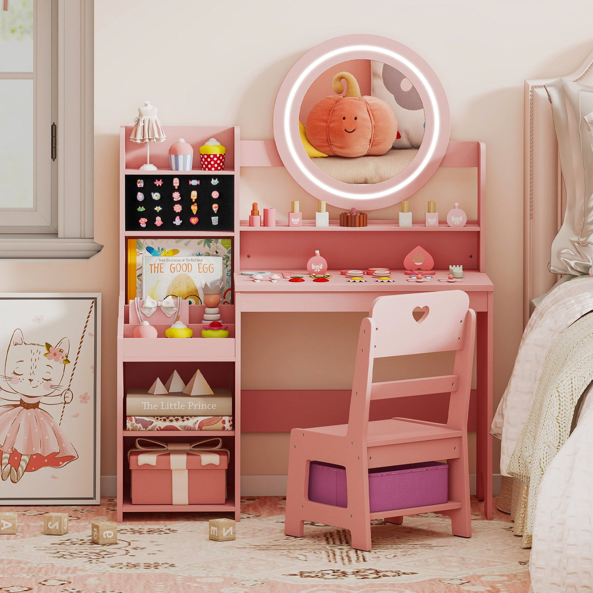 Kids Vanity Desk with Mirror and Lights Princess Pretend Play Dressing Table and Chair Set-Pink view 3