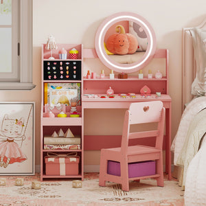 Kids Vanity Desk with Mirror and Lights Princess Pretend Play Dressing Table and Chair Set-Pink view 3