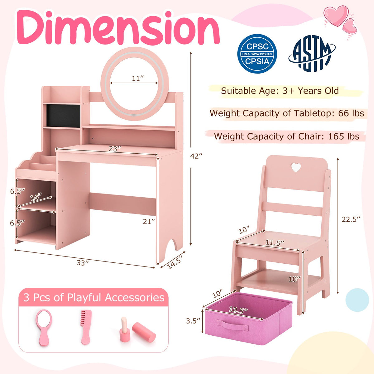 Kids Vanity Desk with Mirror and Lights Princess Pretend Play Dressing Table and Chair Set-Pink view 4