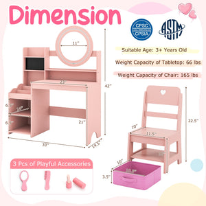 Kids Vanity Desk with Mirror and Lights Princess Pretend Play Dressing Table and Chair Set-Pink view 4