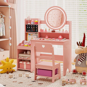 Kids Vanity Desk with Mirror and Lights Princess Pretend Play Dressing Table and Chair Set-Pink view 5