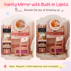 Kids Vanity Desk with Mirror and Lights Princess Pretend Play Dressing Table and Chair Set-Pink view 6