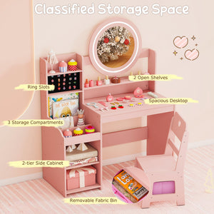 Kids Vanity Desk with Mirror and Lights Princess Pretend Play Dressing Table and Chair Set-Pink view 7